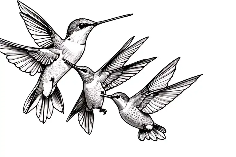 3 Hummingbirds Flying Together In A Line Rib