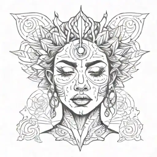 Female With Closed Eyes With Finger In Front Of Lips And Third Eye On Forehead