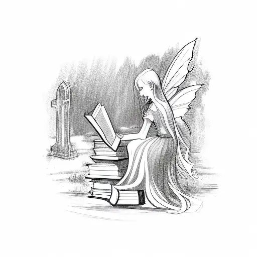 A Sketch Of A Fairy Reading A Book In A Graveyard