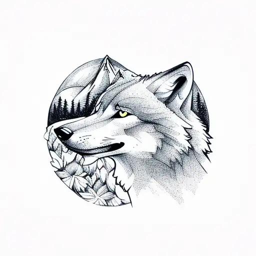 Wolf And Flowers And Mountain And Tree