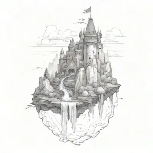 Floating Castle On Rock With Waterfall Flowing Down