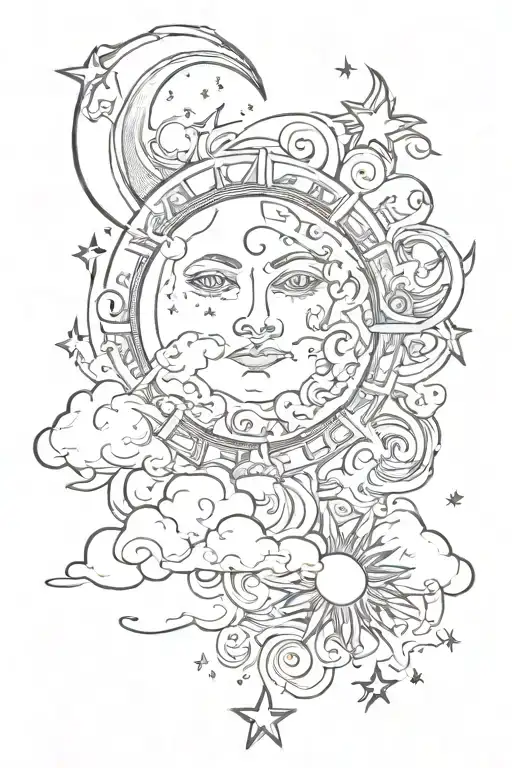 Sun And Moon With Clouds And Stars