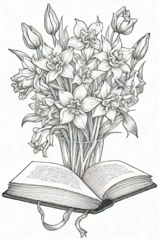 Daffodils And Tulips Bouquet Over An Open Book