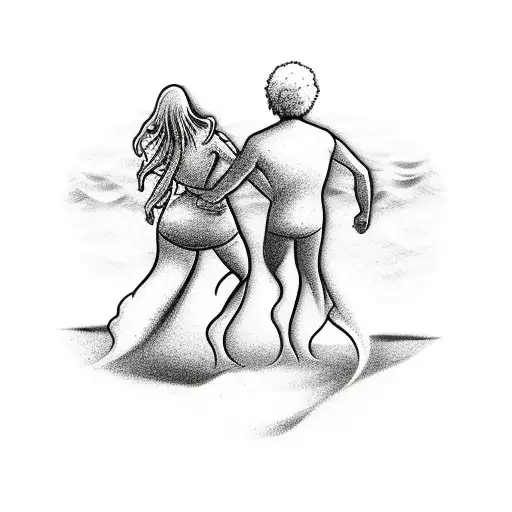 Man And Woman Hugging At Beach Surrounded By 5 Hearts