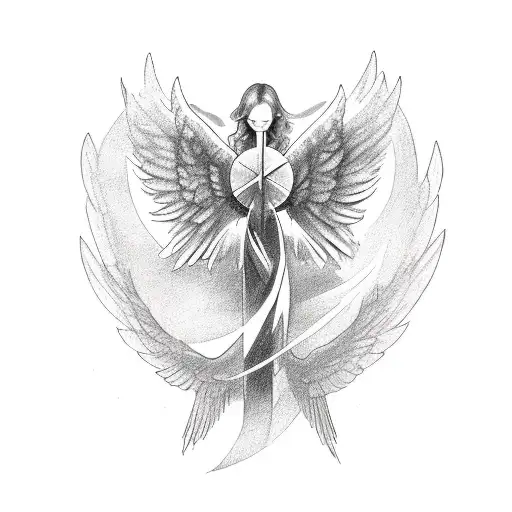 Cross With Angel Wings And A Sunrise