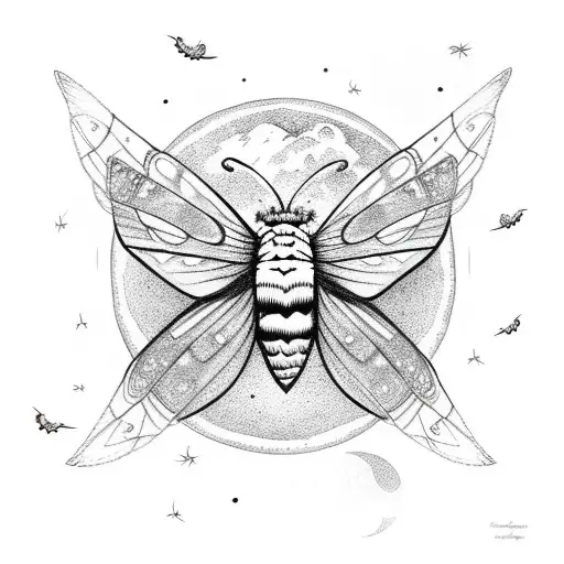 Fluffy Moth With Spread Wings With Fireflies Around It And A Moon