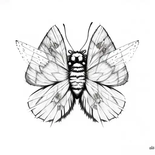 Fluffy Moth With Large Fluffy Spread Wings With Fireflies Around It