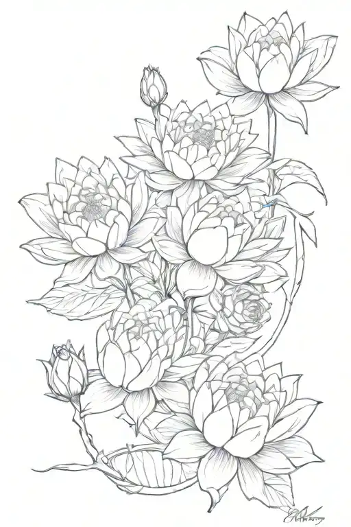 2 Roses 1 Water Lily And 1 Chrysanthemum Tangled Together