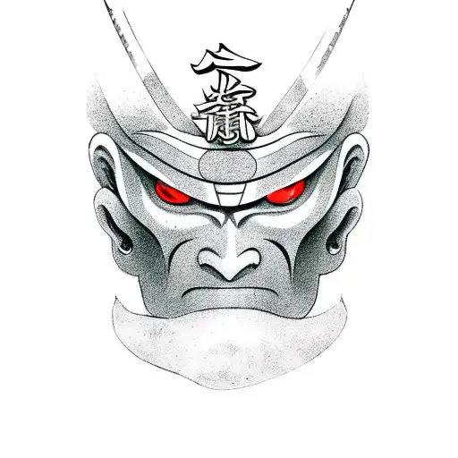 Japanes Oni Mask Pierced With Katana And Temple Gate In The Background