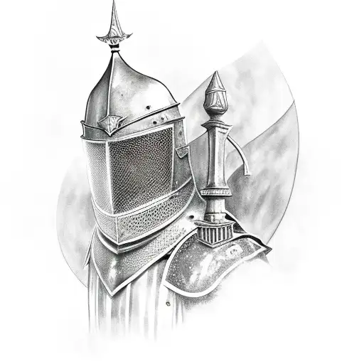 A Black And Grey Tattoo Of A Knight In Full Armor Spray Painting A Mural On A Castle Wall