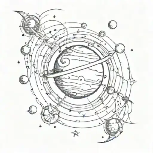 A Sketch Style Tattoo Of A Planet With Musical Notes Orbiting Around It