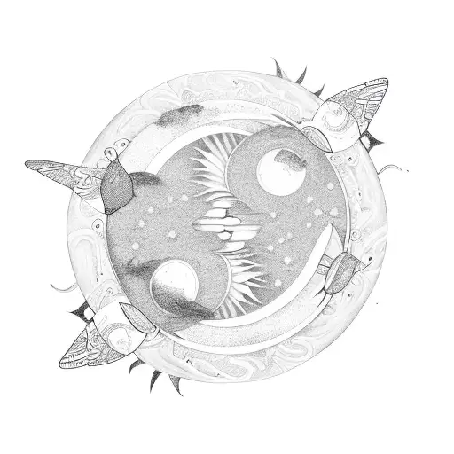 Butterfly With Sun And Moon As Wings With Yin Yang Concept