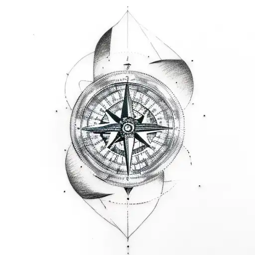 A Sketch-style Tattoo Featuring A Compass Surrounded By Mountain Silhouettes