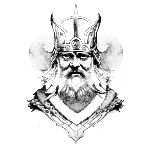 A Detailed Depiction Of The Norse God Odin With His Ravens And Wolves