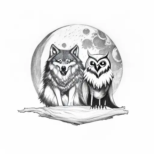 A Wolf And Owl Facing Each Other In A Moonlit Clearing Surrounded By Trees