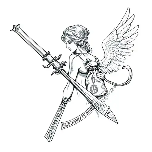 Tattoos For The Hand Of An Angel With A Money Bag And A Weapon