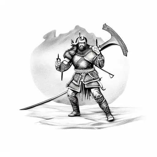 A Sketch Of A Viking Warrior Holding A Sword With A Castle In The Background