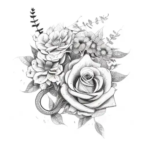 A Bundle Of Flowers With A Snake Wrapped Around The Stems And Deer Antlers Behind The Flowers