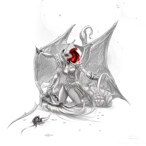 Large Black Semi-colon Crushing A Dying Red Succubus