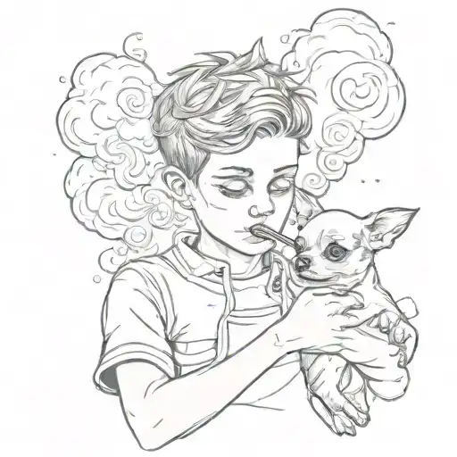 A Boy Smokes A Joint In A Cloud Of Smoke And Holds A Chihuahua In His Arms