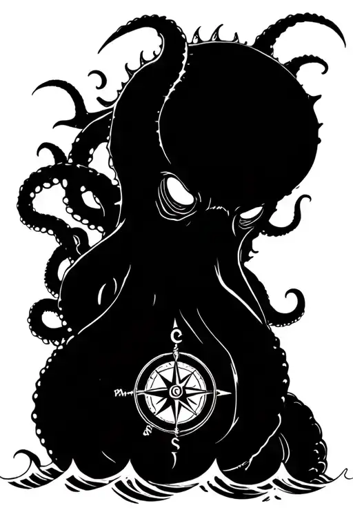 Angry Kracken Octopus In Ocean With Nautical Compass In Middle With Tentacles Out Wide With Waves