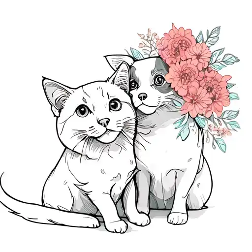 Cat And A Dog With Flowers