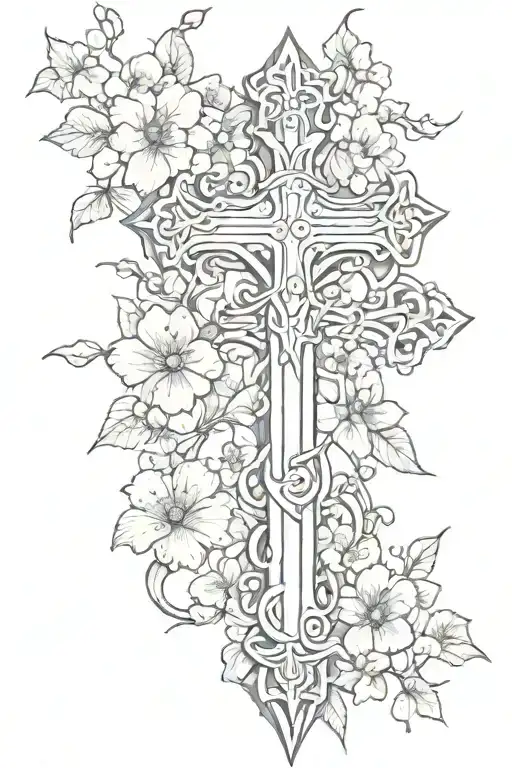 A Sketch Of A Cross Intertwined With Gothic Style Cherry Blossom Vines