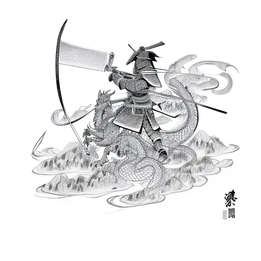 A Samurai Drawing A Katana With A Dragon In The Background
