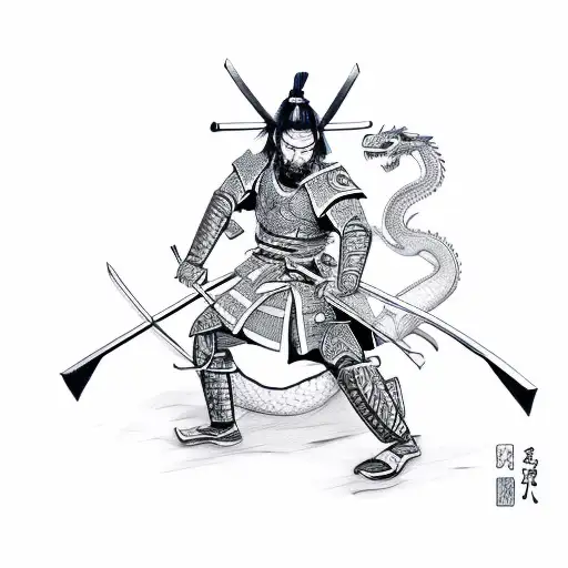 A Samurai Drawing A Katana With A Dragon In The Background