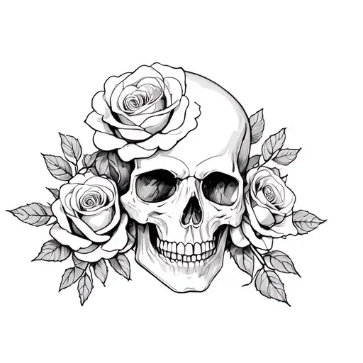 The Linedrawing Without Shadows Of A Skull With Roses Intertwined