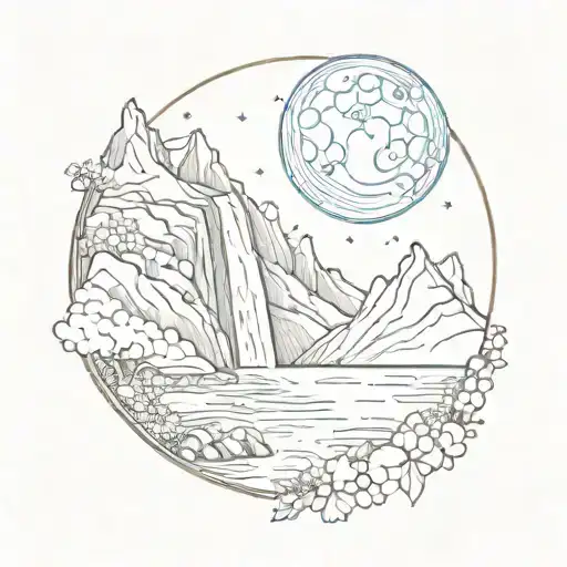Mountain Range With Waterfall And Moon Surrounded