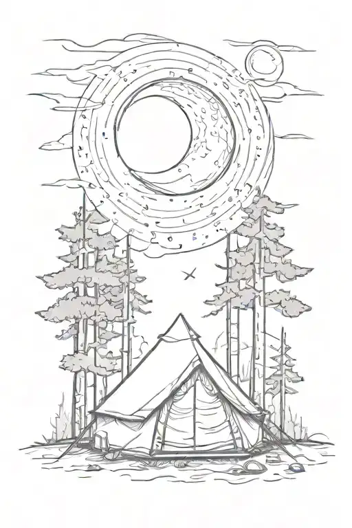 Tent In The Woods With Moon Above And Firaplace In Front