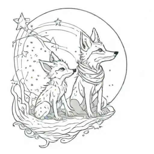 Little Prince And The Fox Looking At The Sky Filled With Stars