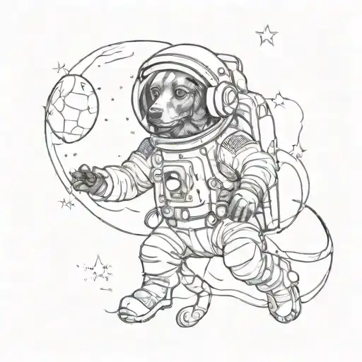 Black Dachshund Astronaut Floating In Space Fine Line