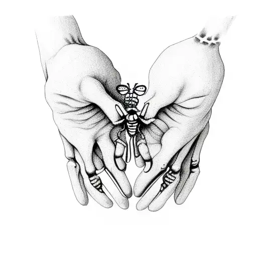 Skeleton Hand Holding Normal Hand With Butterflies