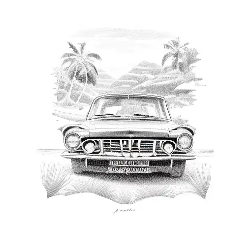 An Antique Car Driving On A Road That Leads To A Tropical Island