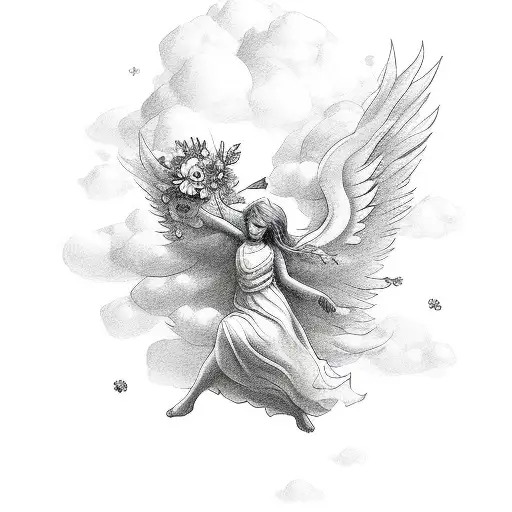 Guardian Angel With Flowers Clouds