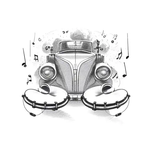 A Vintage Car With Musical Notes Flowing Out Of The Exhaust Pipes