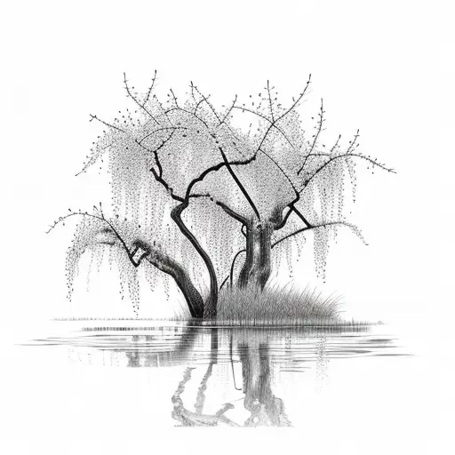 Weeping Willow Tree Reflected In A Pond As A Cherry Blossom Tree