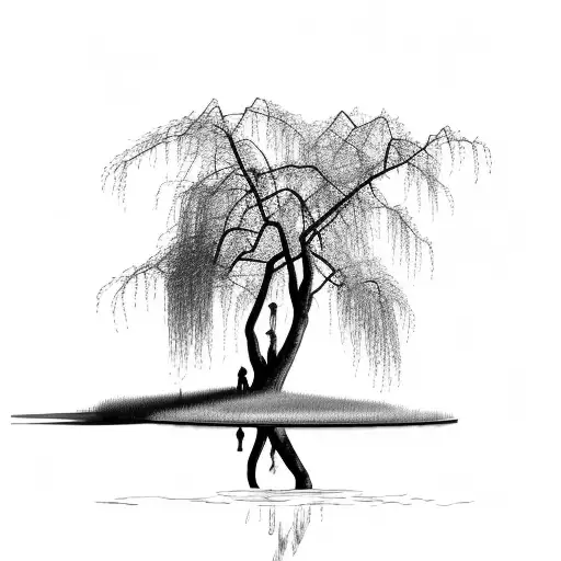 Weeping Willow Tree Reflected In A Pond As A Cherry Blossom Tree