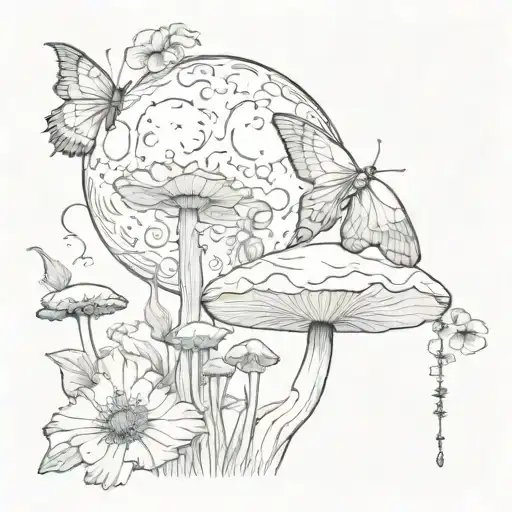 Moon And Star With Lunar Moth Sitting On A Mushroom With Poppy Flowers