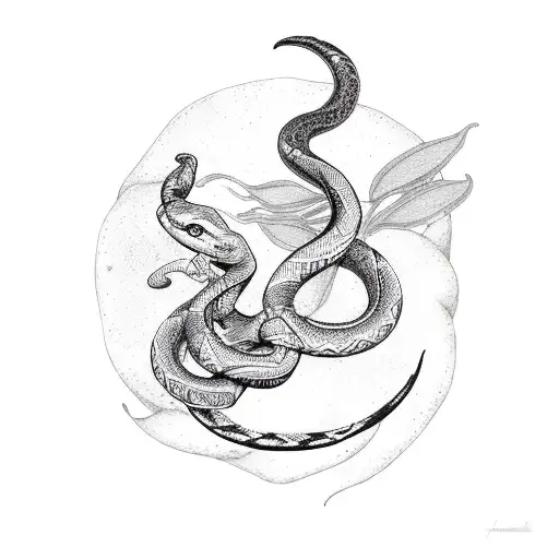 Snake Intertwined Around Crescent Moon With Sage And Lavender Blossoms