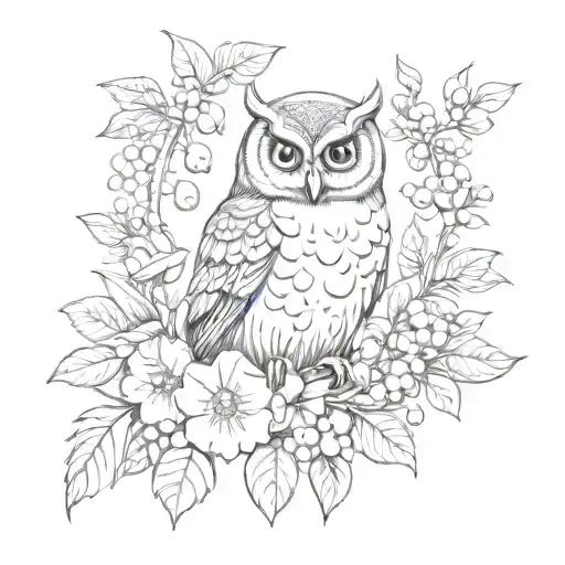Pretty Owl With Fruits And Flowers
