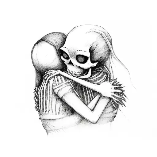 Huddled Girl Hugged By A Skeleton
