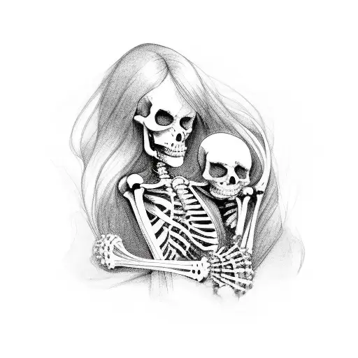 Curled Up Girl Hugged By A Skeleton On The Side