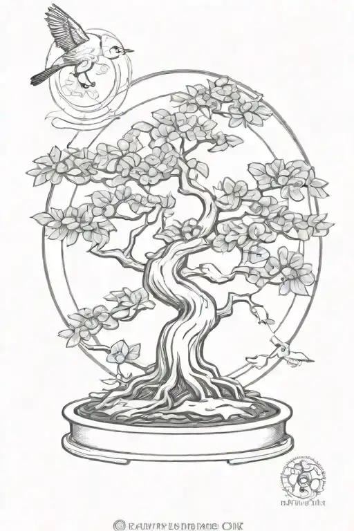 Bonsai Tree With Roots Inside A Stamp With A Sun And Birds
