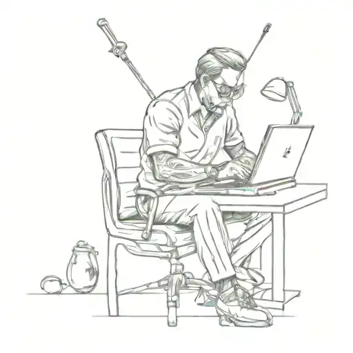 A Sketch Style Tattoo Of A Ceo Working On A Computer With Golf Clubs In The Background Tattoo