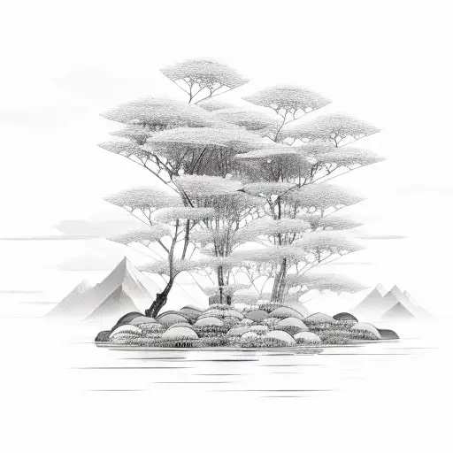 A Serene Landscape Of A Mountain Range Surrounded By Blooming Lotus Flowers