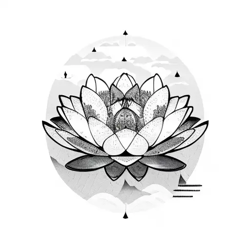 A Serene Landscape Of A Mountain Range Surrounded By Blooming Lotus Flowers