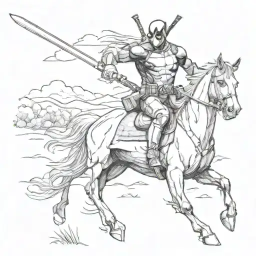 Ignorant Style Tattoo Of Deadpool Riding A Horse Galloping Through A Field